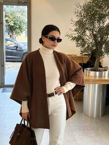 Selenza Autumn/Winter Oatmeal Color Minimalist Collarless Pocketed Cape-Style Double-Faced Overcoat, Loose Oversized Shawl Batwing Sleeve Cut, Single-Breasted Decorative Buttons, Casual Relaxed Silhouette, Flattering Slimming Versatile Commuter High-End Mid-Length Overcoat - Mocha Brown - View 8