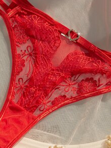 Crystal Vow Romantic Embroidered Hollow Metal Decorative Buckle Underwire Bra 2pcs/Set - Red - View 5