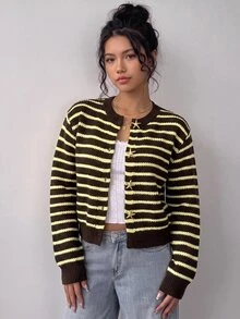 SHEIN 青少年女孩休閒純色圓領長袖寬鬆短版開襟毛衣，秋季保暖舒適，慵懶時尚，適合日常通勤 - 彩色 - 查看 2