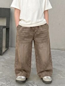 Tween Boy Loose Casual Versatile Denim Straight Leg Pants With Pockets - Brown - View 3