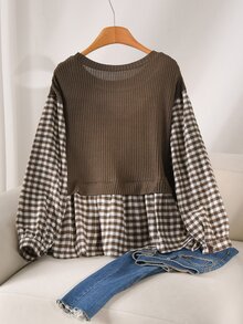 CosyJoli Plus Size Women's Casual Plaid Patchwork 2 In 1 T-Shirt - Camel - View 2
