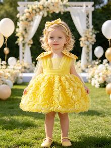 SHEIN Glamorique Kids 女嬰軟黃色薄紗洋裝，附3D花朵刺繡與可拆式蝴蝶結，適合1歲生日派對、花童、婚禮，夏季可愛款 - 黃色 - 查看 2