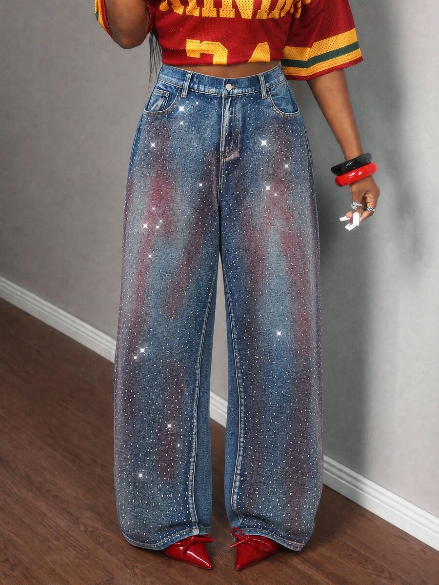 Slaydiva Plus Size Street Style Button Pocket Rhinestone Denim Jeans Teacher Outfits For Women - Medium Wash - View 1