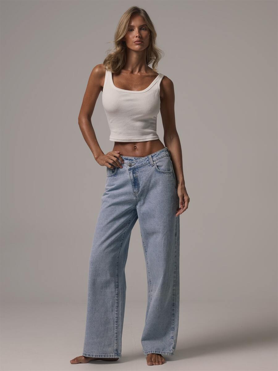 MUSERA Asymmetric Waistband Loose Fit Mid Rise Straight Leg Fit Denim Jeans Autumn Winter Fall Daily Eveyday Core Denim - Baby Blue - View 1