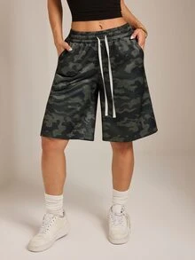 SHEIN PETITE Women's Fashion Camouflage Print Drawstring Waist Pocket Shorts Campus - Army Green - View 5