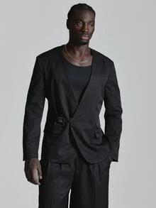 Musero Collarless Metal Clip Fastening Minimal Blazer Chest Welt Pocket Co Ord Blazer Only Autum Winter Essentials - Black - View 2