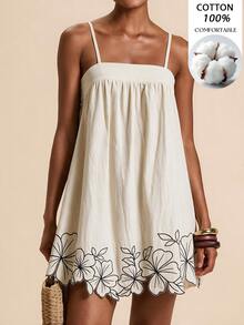 Travachic Women's Floral Print Pleated Casual Everyday Summer Spaghetti Strap Dress - Beige - View 7