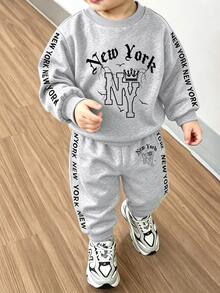 Genkimix Kids 幼童男童灰色運動衫與慢跑褲套裝，NY圖案長袖套頭上衣，秋冬休閒運動服 - 灰色 - 查看 1