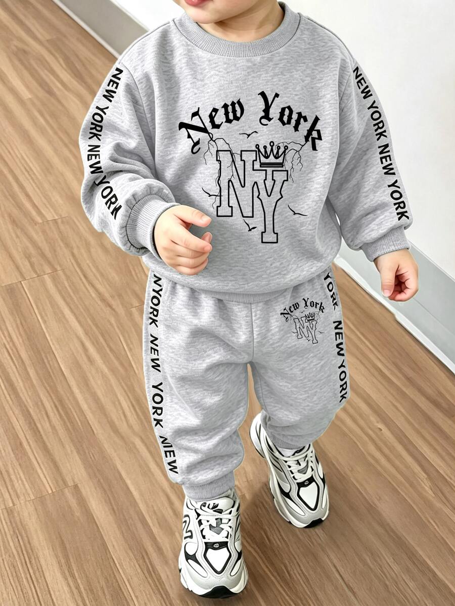 Genkimix Kids 幼童男童灰色運動衫與慢跑褲套裝,NY圖案長袖套頭上衣,秋冬休閒運動服 - 灰色 - 查看 1