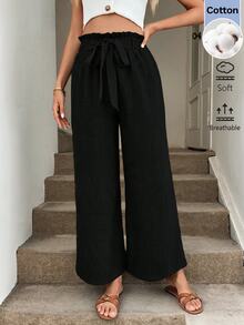 SHEIN LUNE 女款素色休閒百搭日常穿著長褲 - 黑色 - 查看 7