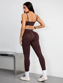 Dewbera Dewbera 1 Set Coffee Brown Double Spaghetti Strap Sports Set, Adjustable Cross Back Bra, Ribbed High Waist Leggings, Slim Fit, For Yoga Fitness Daily Summer - Coffee Brown - View 2