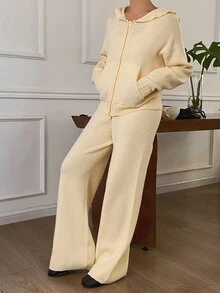 DAZY Solid Color Loose Hooded Zip-Up Sweater And Straight Leg Pants Casual Vacation Autumn/Winter Two Pieces Set For Women - Yellow - View 3