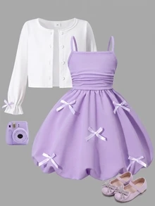 SHEIN Elladie kids 2件組女童幼兒套裝，溫柔女孩風白色長袖外套搭配粉色蝴蝶結細肩帶洋裝，薄款休閒日常度假春夏季 - 紫色 - 查看 3
