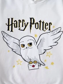 HARRY POTTER X SHEIN Tween Girl Cartoon Print Hooded Sweatshirt - White - View 4