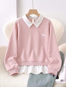 SHEIN 青少年女孩襯衫領刺繡小馬圖案秋冬衛衣 2合1拼接款 - 粉色 - 查看 2