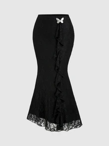 Sweetra Women's Black Knitted Lace Floral Low Waist Sexy Fashion Commute Metal Butterfly Decor Ribbon Asymmetrical Hem Fishtail Skirt, Spring Summer Autumn - Black - View 1