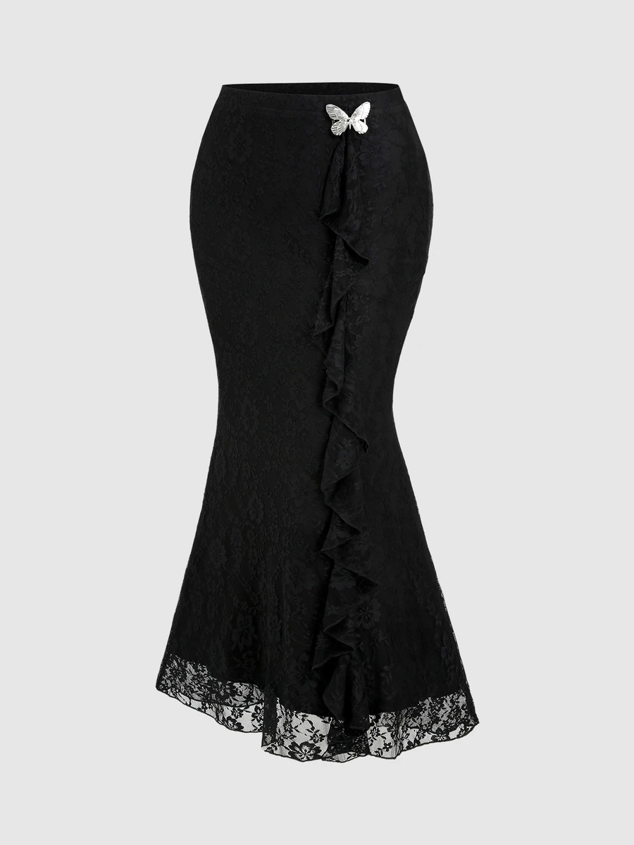 Sweetra Women's Black Knitted Lace Floral Low Waist Sexy Fashion Commute Metal Butterfly Decor Ribbon Asymmetrical Hem Fishtail Skirt, Spring Summer Autumn - Black - View 1