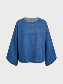 Women's Round Neck Casual Daily Denim Jacket - Blue - View 3