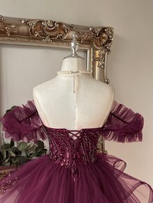 Lovelzi Elegant Glamorous Fashion Deep Red Sequin Embroidered Patchwork Mesh Sweetheart Neckline Off-Shoulder Puff Sleeve Full Skirt Short Dress Suitable For Wedding Guest, Prom - Burgundy - View 5