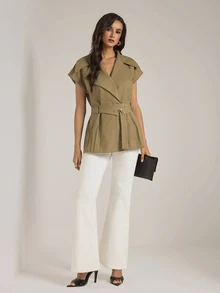 SHEIN Tall Women's Tall Army Green Sleeveless Casual Workwear Blazer - Olive Green - View 4