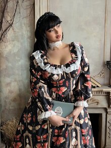 Lyrianda Plus Size Vintage Court Style Butterfly Print Dress Fall - Multicolor - View 5