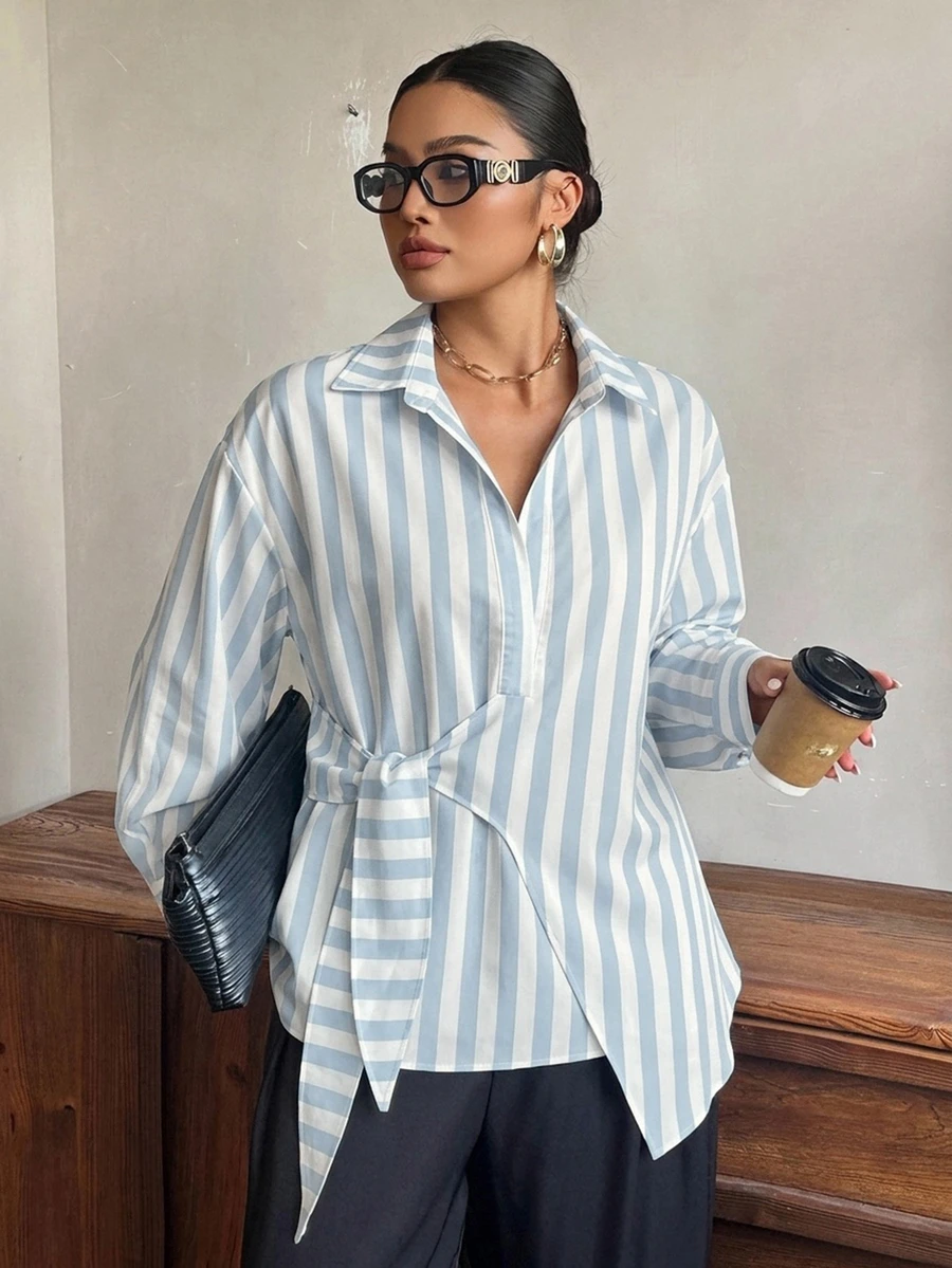 Dazy Plus Solid Color Lapel Half-Placket Tie-Hem White Long Sleeve Shirt Plus Size Women Spring Autumn - Baby Blue - View 1