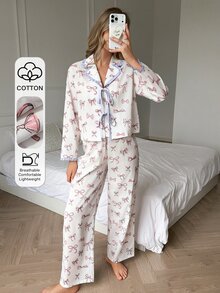 DAZY Women's Bow Print Front Tie Long Sleeve Top And Pants Pajama Set Fall - Pink - View 3