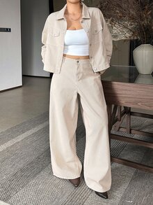 Dazy Plus Spring/Autumn Long Sleeve Striped Cropped Jacket High Waist Loose Casual Commute Street Straight Leg Jeans Set - Beige - View 6