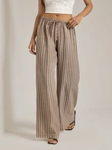 SHEIN Tall 女款高個子版復古棕色條紋直筒長褲－休閒通勤工作風 - 棕色 - 查看 6