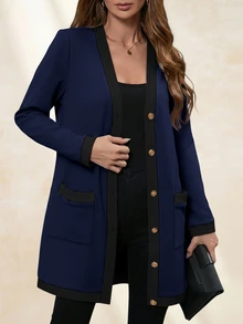 Chikora Plus Size Women Elegant & Comfortable Metal Button Closure Long Warm Cardigan, Black & White - Navy Blue - View 1