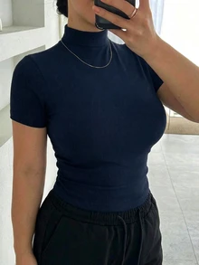 Dazy Plus 彈性修身針織休閒高領內搭短袖海軍藍春秋夏季套頭T恤 - 藏蓝色 - 查看 4