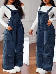 SHEIN CURVE+ Overall Denim Saku Gaya Streetwear Ukuran Plus - Biru - View 1