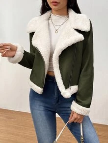 SHEIN EZwear 女款麂皮絨機車夾克外套，泰迪毛內裡，前開襟，秋冬款 - 軍綠色 - 查看 1