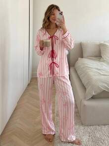 Livesso Women's Striped Front Tie Long Sleeve Top And Pants Pajama Set Fall - Pink - View 3