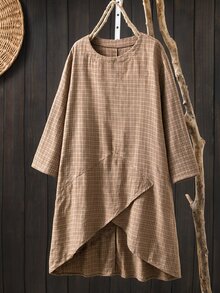 Rusticease Plus Size Casual Vacation Plaid Asymmetrical Hem Dress - Brown - View 4