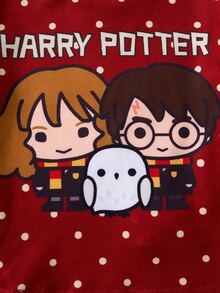HARRY POTTER X SHEIN 女嬰波點卡通印花長袖上衣與長褲休閒日常居家睡衣套裝 - 紅色 - 查看 4