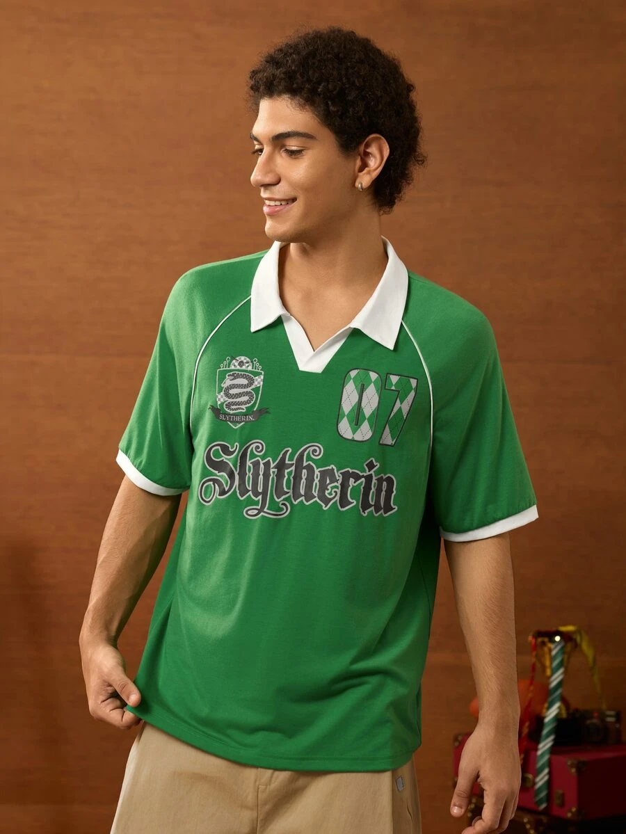 HARRY POTTER X SHEIN Men's Letter Print Casual Short Sleeve Polo Shirt - Green - View 1