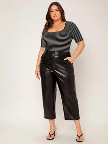 SHEIN BASICS 大尺碼休閒條紋拼接配色短袖連身衣 - 黑與白 - 查看 6
