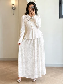 Modelyn Set 2 Potong Blus dan Rok Motif Polkadot Elegan untuk Wanita untuk Beraktivitas di Luar Rumah - Putih - View 3