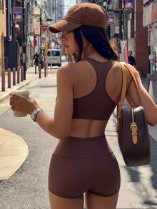 Sirith Spring/Summer Coffee-Colored Tank Top And High-Waist Ruched Four-Corner Shorts Set For Yoga, Running, Pilates - Coffee Brown - View 1