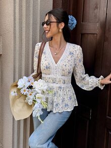 Serisse Women's Floral Contrast Lace V-Neck Long Sleeve Fashion Blouse - Apricot - View 6