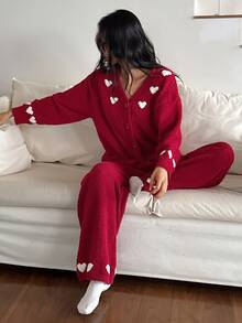 DAZY Women's 2-Piece Heart Pattern Loose Cardigan Long Sleeve Knit Top And Straight Leg Long Pants Pajama Set, Autumn/Winter - Red - View 11