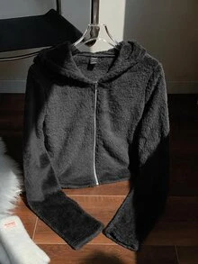 SHEIN EZwear 女款純色長袖拉鍊連帽外套 深色水洗 冬季休閒運動風 - 黑色 - 查看 4