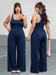 Sunnyshic Women's Plus Size Solid Color Pleated Casual Daily Sports Jumpsuit - Royal Blue - View 8