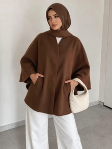 Selenza Autumn/Winter Oatmeal Color Minimalist Collarless Pocketed Cape-Style Double-Faced Overcoat, Loose Oversized Shawl Batwing Sleeve Cut, Single-Breasted Decorative Buttons, Casual Relaxed Silhouette, Flattering Slimming Versatile Commuter High-End Mid-Length Overcoat - Mocha Brown - View 6