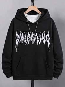 SHEIN 青少年男孩哥德式字母圖案純黑色套頭運動衫，青少年男孩休閒袋鼠口袋秋冬運動衫，秋季服飾，秋季套頭衫 - 黑色 - 查看 5