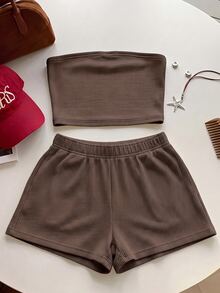 Comfortcana Spring/Summer Casual Navy Blue Cropped Bandeau Top And Shorts Plus Size 2 Pieces Set - Chocolate Brown - View 4