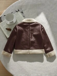 Emery Rose Kids Emery Rose Kids 少女款拼色時尚拉鍊翻領PU材質秋冬夾克 - 棕色 - 查看 6