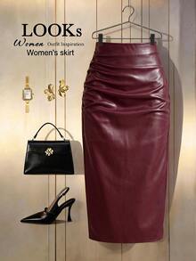 GlowEve CURVE Women's Fashion Elegant Elastic Waist Hidden Zipper Ruched Bodycon Slit Skirt, Suitable For Daily Commute, Dating And Party Wear Fall - Red - View 6