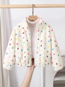 SHEIN 女童花卉圖案立領長袖保暖舒適上衣，粉色，適合聖誕節、秋冬穿著 - 白色 - 查看 1